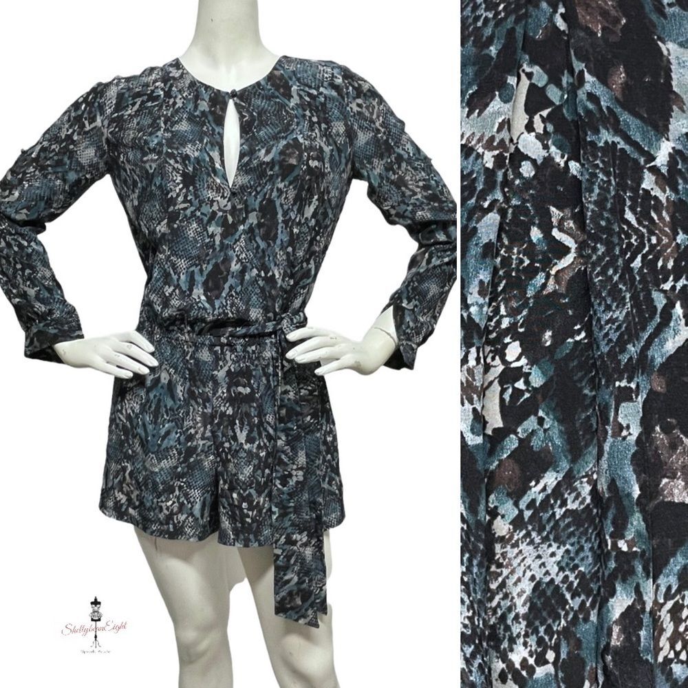 INTERMIX 100% Silk Python Snake Print Romper Shorts Sash Waist Keyhole Neck XS S